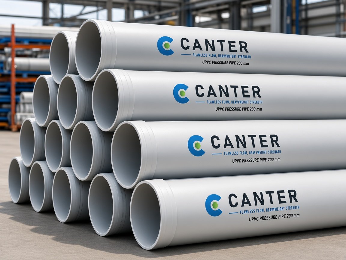 Large-bore light grey CANTER UPVC pipes up to 200 mm stacked with a coupler